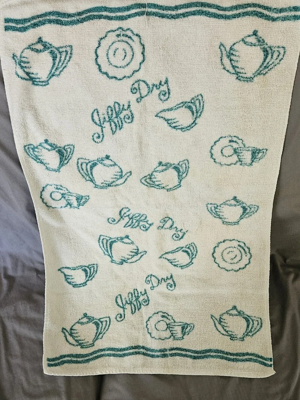 Vintage Style 'Jiffy Dry' Kitchen Towel in Teal and White